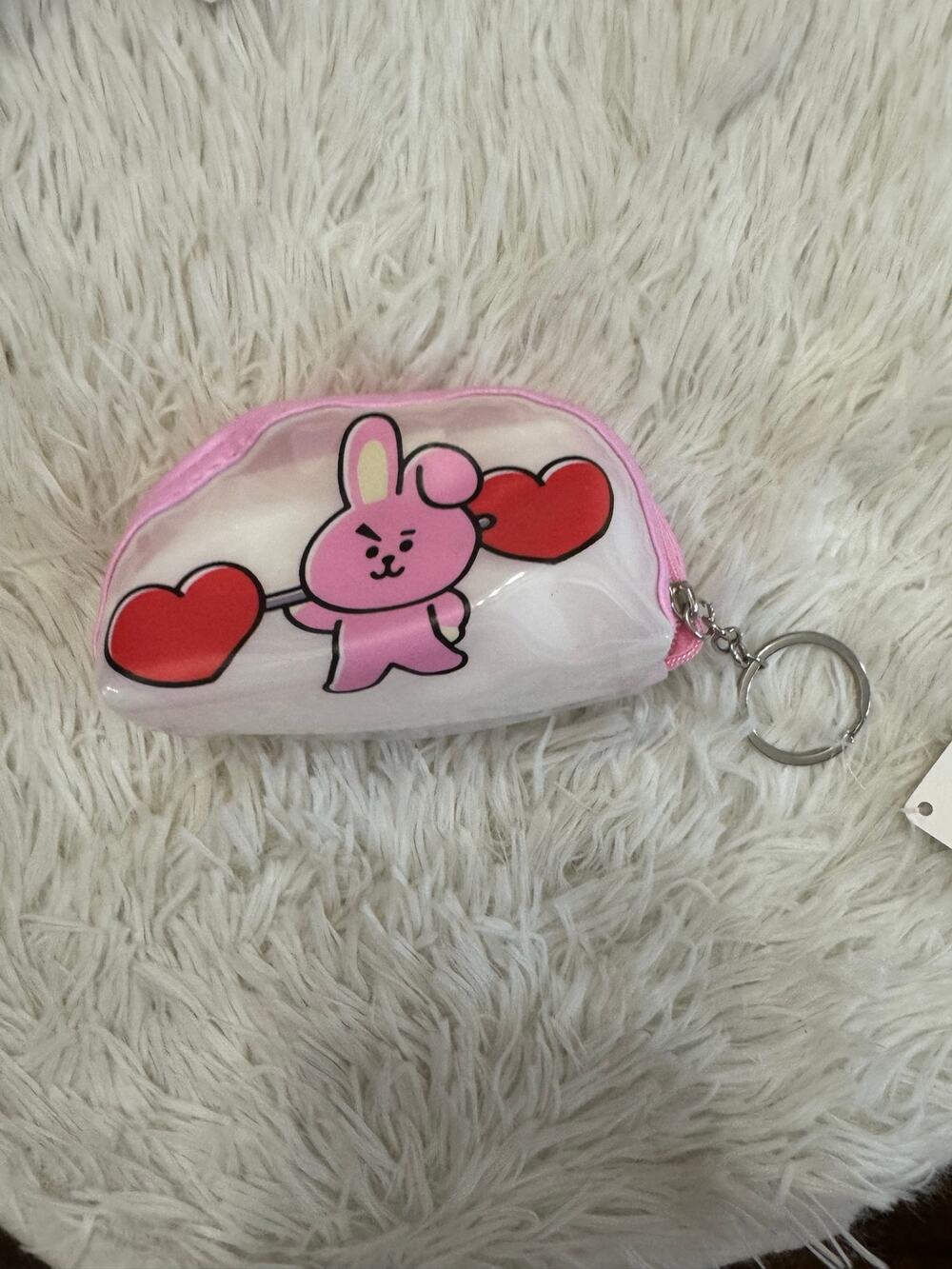BTS COOKY JK Pink bunny with red hearts coin purse pouch keychain